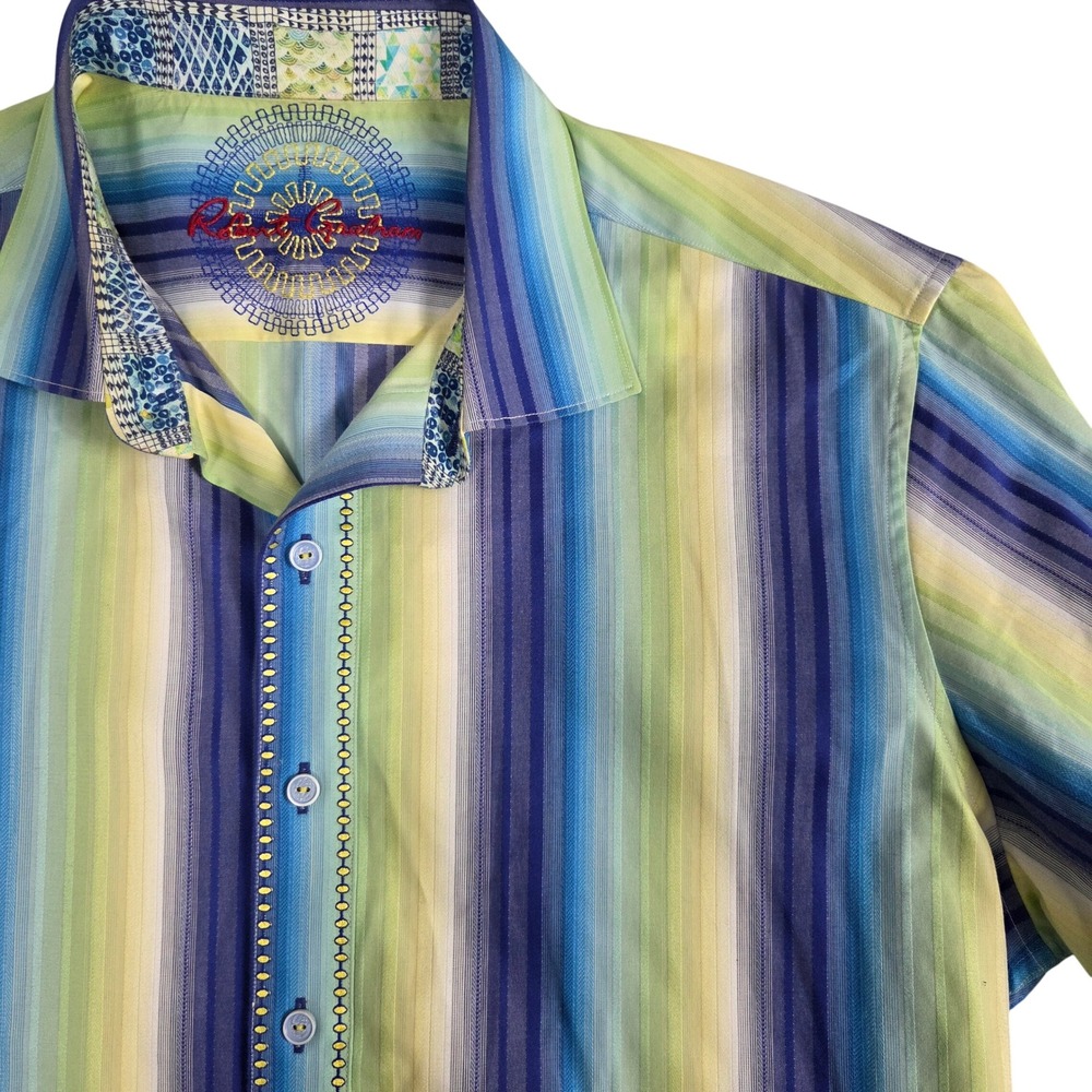 Robert Graham Button Down Mens Large Blue Green Striped Excellent Classic Fit
